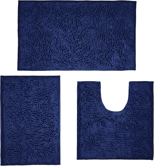 Bathroom Rugs Sets 3 Piece Washable, Luxury ，Chenille Bath Mat Set, Soft Plush Anti-Slip Rectangular Bath， Rug Super Absorbent.3 Pieces Bathroom (Navy Blue, 32"x20"+24"x16"+U Shape 20"x20")