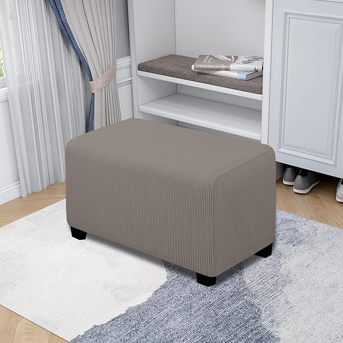 Easy-Going Stretch Ottoman Cover Folding Storage Stool Furniture Protector Soft Rectangle slipcover with Elastic Bottom(Ottoman Small,Taupe)