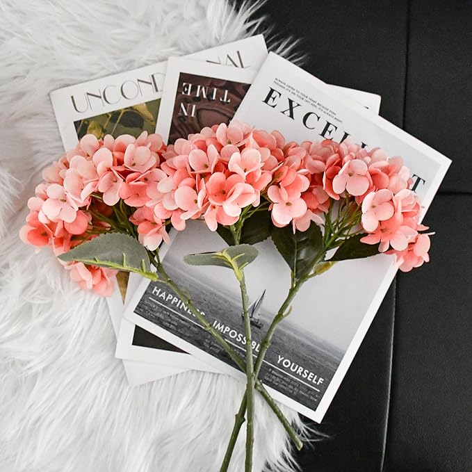 Mandy's 3 Stems Coral Artificial Hydrangea Flowers – 13.7” Realistic Silk Bouquet for Centerpieces, Wedding & Home Decor