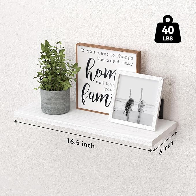 WOPITUES Set of 6 White Floating Wall Shelves - Modern Decor for Bedroom, Bathroom, Living Room [Upgraded]