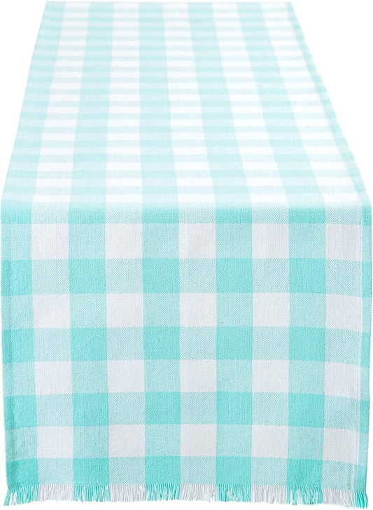 DII Heavyweight Fringed Check Tabletop Collection, Table Runner, 14x72, Aqua