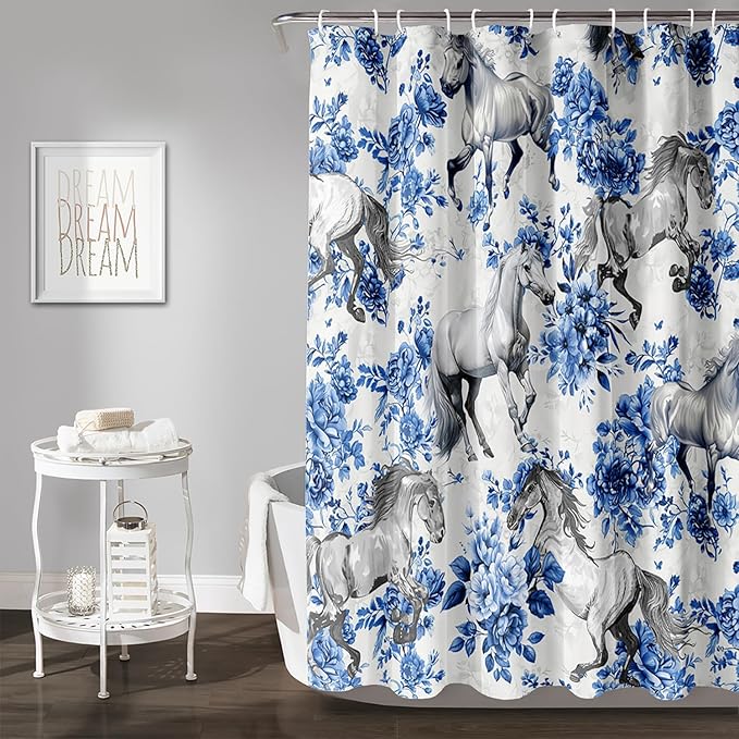AILONEN Blue Floral Horse Shower Curtain,Farm Animal Printed Galloping Horse Bath Curtain,Minimalist Flower Girls Women Bathroom Curtain Decor, 72" W x 72" H