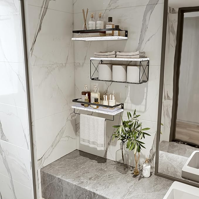 Bathroom Shelves with Wire Storage Basket, Farmhouse Wood Floating Shelves Over Toilet with Protective Metal Guardrail, Wall Shelves for Bedroom, Living Room, Kitchen and Bathroom Toilet Paper