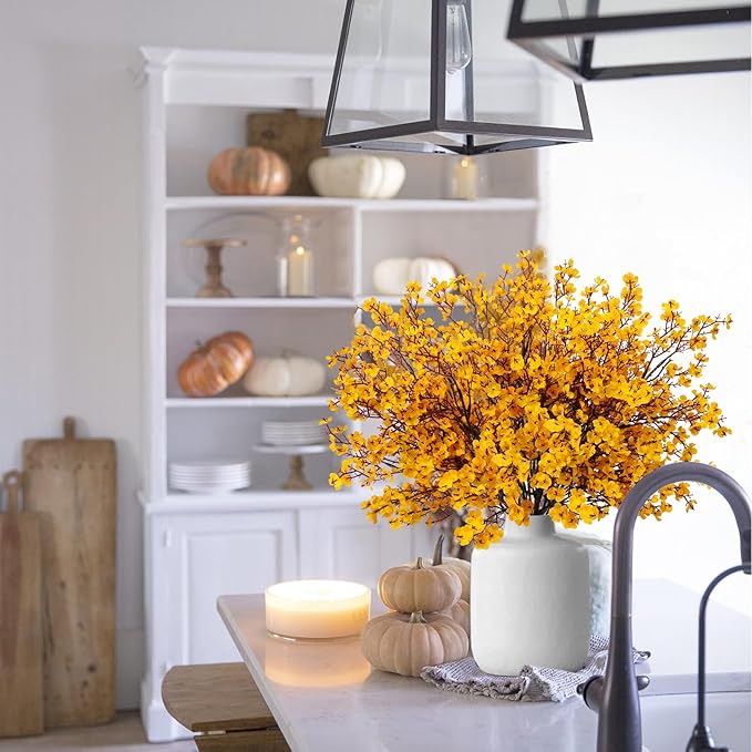 AILANDA 12 PCS Artificial Fall Flowers Babys Breath Orange Yellow Real Touch Silk Floral Arrangement Gypsophila Flowers for Home Wedding Table Centerpiece Fireplace Vase Filler Autumn Decor
