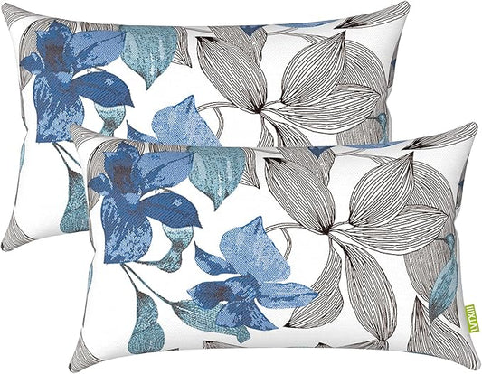 LVTXIII 2 Pack Outdoor Lumbar Pillow Covers, Water Repellent Lumbar Cushion Cases ONLY, 12 x 20 Inch Decorative Lumbar Pillow Cases for Home Patio Garden Furniture Ornament, Clemens Noir Blue