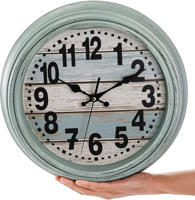 ZENFUN 12'' Rustic Wall Clock, Silent Non Ticking Clock Quartz Wall Clock Battery Operated, Country Style Wall Decoration for Kitchen Living Room Home, Office, School, Large Numbers, Green