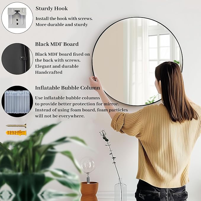Round Mirror 28 inch, Round Black Mirror, Circle Bathroom Mirrors Metal Frame, Wall Mounted Circle Mirrors for Bathroom, Living Room, Hallway, Farmhouse.