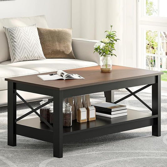 YITAHOME Coffee Tables for Living Room, Modern Farmhouse Coffee Table with Storage, 2-Tier Center Table Wood Living Room Table Accent Cocktail with Sturdy Frame, Brown and Black