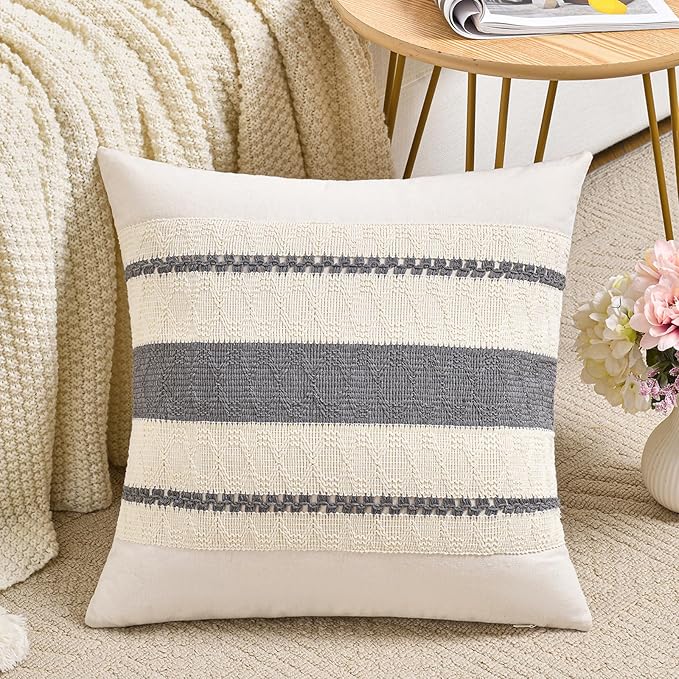 Fancy Homi Set of 1 Neutral Grey Farmhouse Decorative Throw Pillow Covers 18x18 Inch for Couch Bed Chair Indoors, Vintage Country Rustic Retro Room Decor, Soft Thick Cotton Handmade Woven Cushion Case