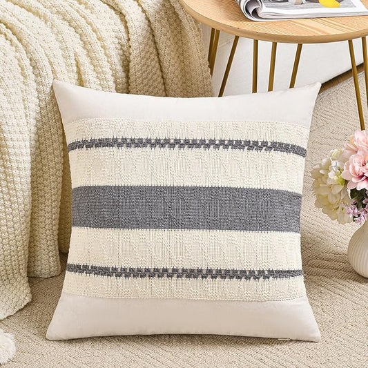Fancy Homi Set of 1 Neutral Grey Farmhouse Decorative Throw Pillow Covers 18x18 Inch for Couch Bed Chair Indoors, Vintage Country Rustic Retro Room Decor, Soft Thick Cotton Handmade Woven Cushion Case