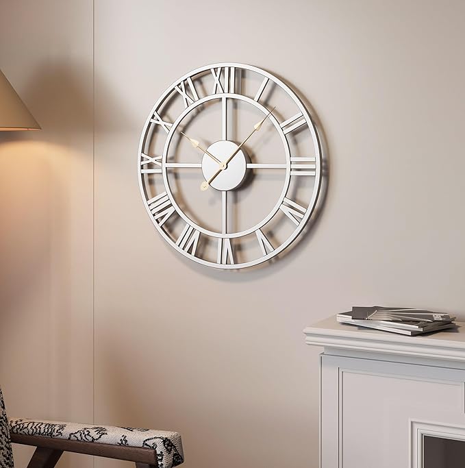 Modern Large Wall Clock, 16 inch Silver Decorative Metal Clock Silent Non Ticking, Roman Numeral Analog Battery-Operated Round Clock for Living Room, Kitchen, Bedroom, Office, Home Decor