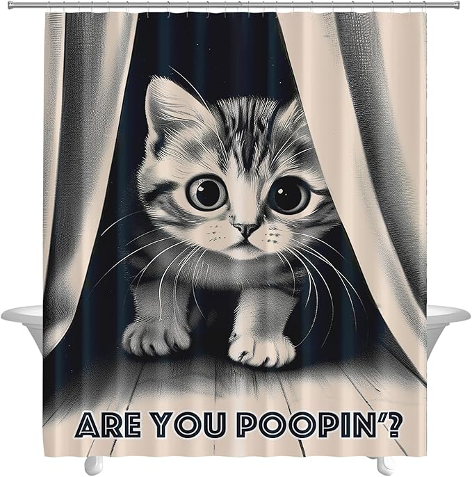 Funny Cat Shower Curtain Cute Animal Shower Curtains for Bathroom Decor are You Poopin' Humorous Joke Waterproof Polyester Fabric Bathroom Curtain with Hooks 66x72 Inch