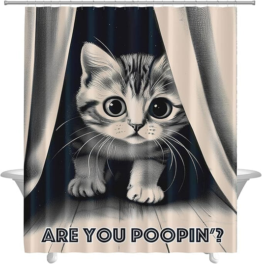 Funny Cat Shower Curtain Cute Animal Shower Curtains for Bathroom Decor are You Poopin' Humorous Joke Waterproof Polyester Fabric Bathroom Curtain with Hooks 55x72 Inch
