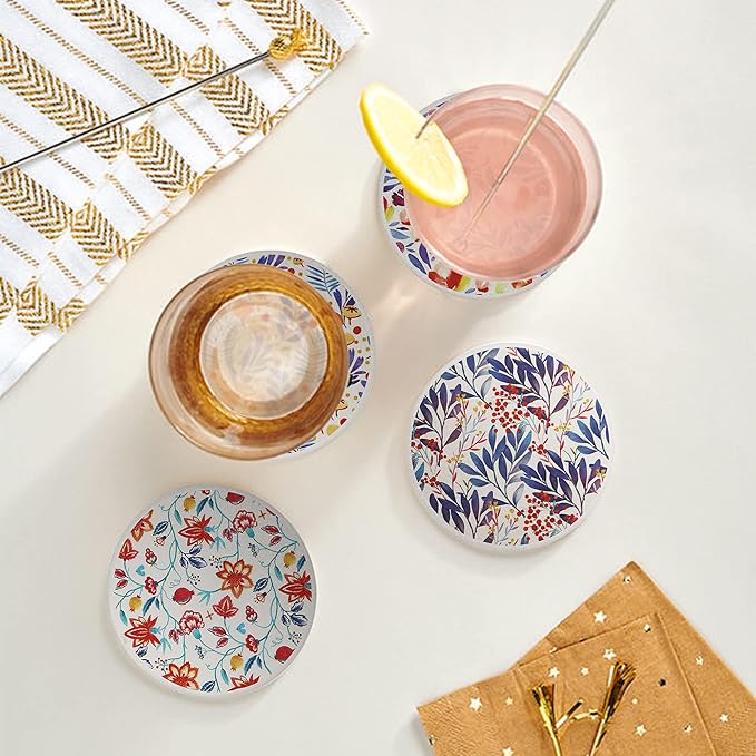 AD Set of 6 Coasters for Drinks Absorbing Round Ceramic Stone Coaster with Cork Base Tabletop Protection Mat for Mugs and Cups,Office,Kitchen (Watercolor Flowers with Rose Gold Holder)