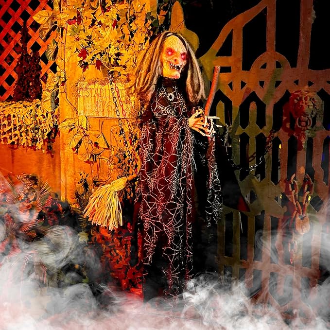 Haunted Hill Farm Animatronic Scary Witch Door Greeter with Touch Activated Lights and Sound, Battery-Operated Indoor or Covered Outdoor Halloween Decoration