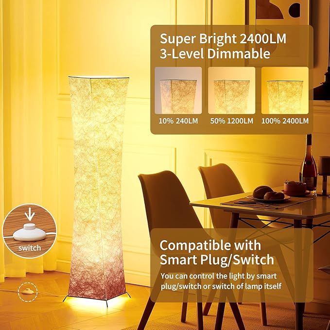 chiphy Floor Lamp, 52" Tall Standing Lamp, 3 Levels Adjustable Brightness LED Bulbs, Column Floor Light, Purple Gradient Fabric Lampshade, Home Decor for Living Room, Bedroom, Kids Room