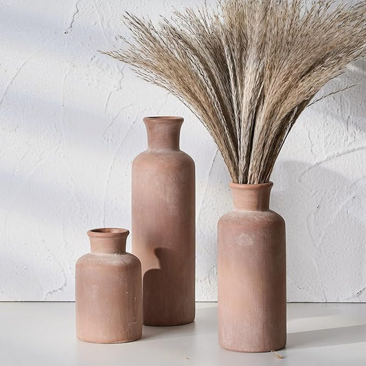 SIDUCAL Ceramic Rustic Farmhouse Vase Set of 3, Whitewashed Terracotta Vases, Clay Decorative Vases for Home Decor, Living Room, Shelf, Mantel Decoration(Brick-red)