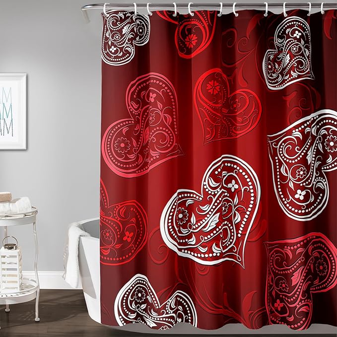 AILONEN Heart Love Shower Curtain for Bathroom, Red and White Floral Hearts Print Bath Curtain,Minimalism Hearts Decoration Shower Curtain Waterproof with 12 Plastic Hooks, 72" W*84" H