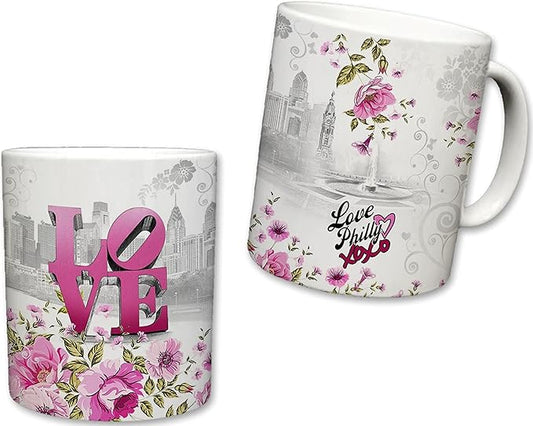 City of Philadelphia Inspired Mug | Ceramic Coffee Cup | Downtown Skyline Background | Liberty Bell & Love Park | Pink Floral | Philly XOXO | Novelty Gift | 11 Fl. Oz (White/Pink)