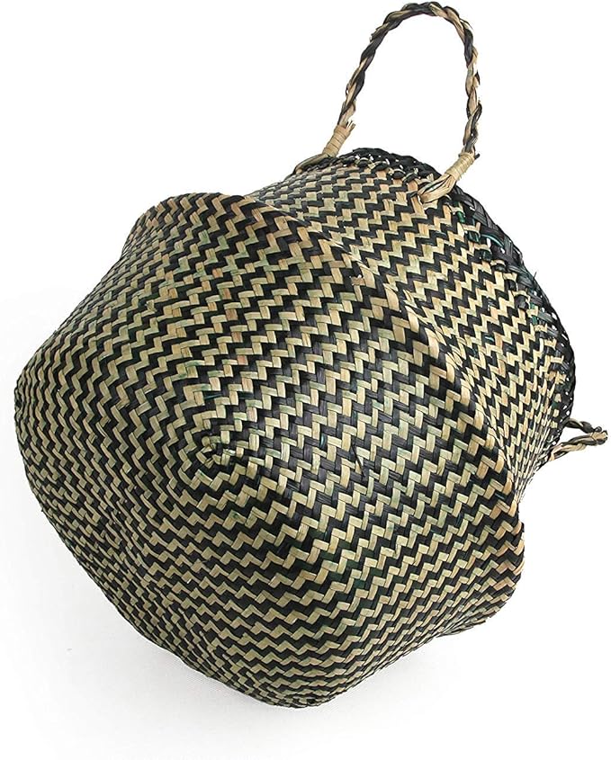 Woven Seagrass Belly Basket for Storage, Plants, Laundry, Picnic and Groceries (Medium, Black Strips)