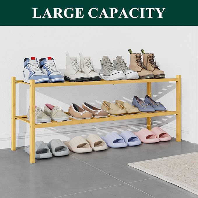 Smiry Bamboo Shoe Rack for Closet, 2 Tier Long Wooden Stackable Shoe Organizer, Free Standing Shoes Storage Shelf for Entryway, Front Door Entrance, Natural
