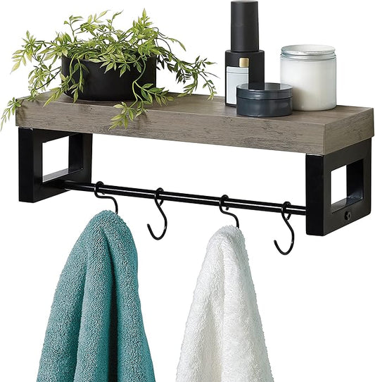 Zenna Home Wall Mounted Storage Shelf, Wood Shelf with Towel Bar and 4 Adjustable Hooks, Easy to Assmble Shelving Unit for Small Spaces, Driftwood and Matte Black Finish