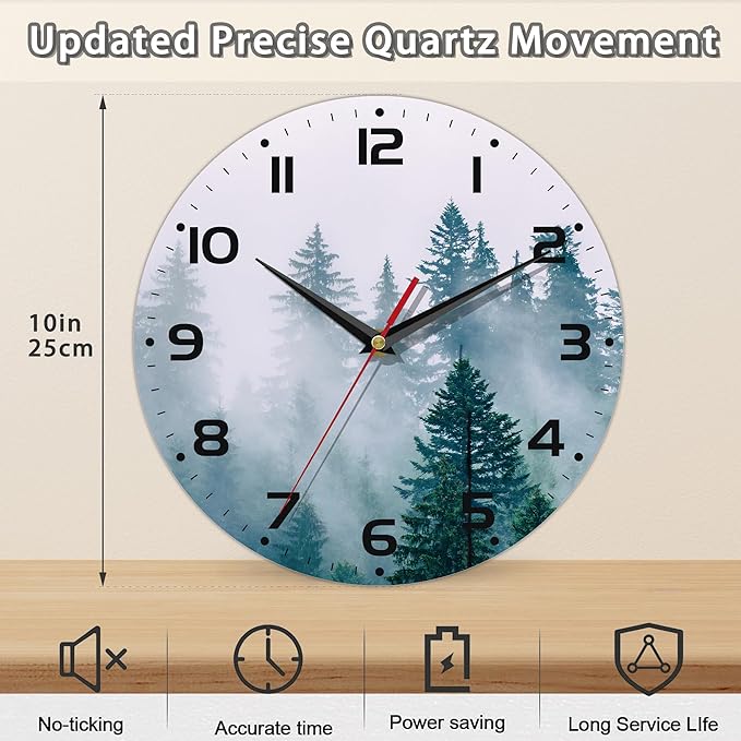 Clock for Living Room, Misty Forest Wall Clocks Wooden Wall Clock Art Hanging Clocks Silent Non-Ticking Wall Clock Battery Operated Round Home Arabic Numeral Decorative Wall Clocks 10 Inch