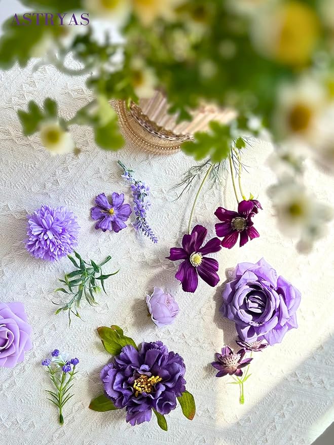 ASTRYAS Artificial Purple Flowers Combo Box Set Mix Silk Flowers Dahlia Roses with Stems for DIY Wedding Bouquets Centerpieces Arrangements Party Bridal Baby Shower Home Decorations