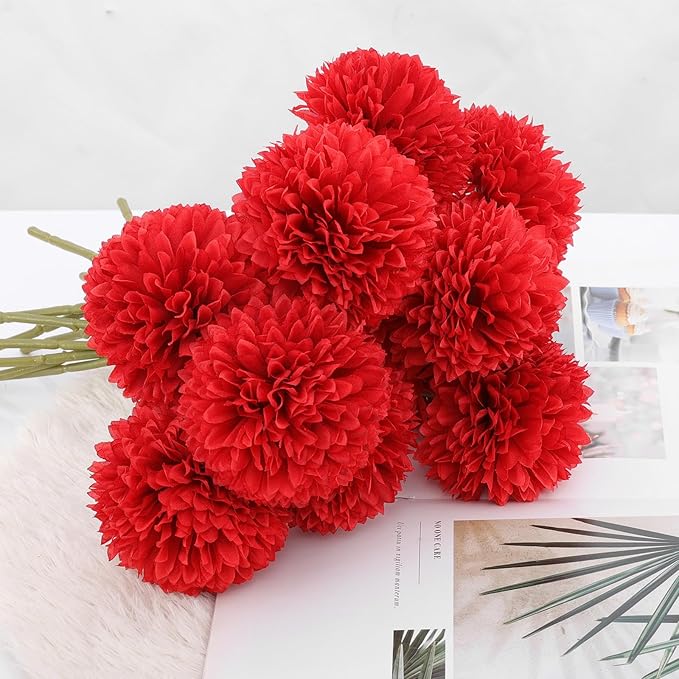 12 Pcs Artificial Chrysanthemums Flowers Silk Red Ball Flowers Fake Mums Flowers for Christmas Wedding Floral Table Centerpiece Home Decor (12, Red)
