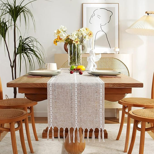 Chassic Fall Rustic Farmhouse Style Linen Table Runner, Boho Handmade Tassel Table Runners 108 Inches Long for Holiday Party, Thanksgiving and Dining Decorations, 13 x 108 inch - Light Coffee