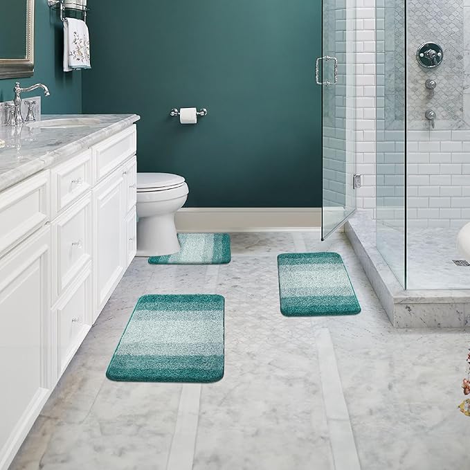 Walensee Non Slip Bath Mat (24 x 36, Ombre Turquoise) - Soft Microfiber Shaggy Mat, Water Absorbent, Machine Washable, Thick Plush Rug for Shower
