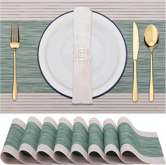 Winknowl Placemats, Set of 8 Heat Resistant Stain Resistant Woven Vinyl Insulation Place mats, Durable Washable Elegant Table Mats for Dining (Striped Green)