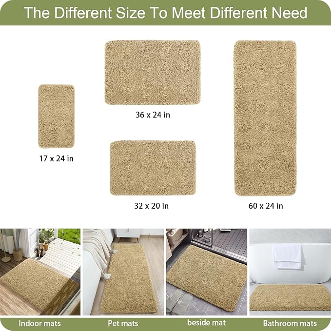 AROGAN Luxury Long Bathroom Runner Rug, 24x17 Inch Thick Soft and Absorbent Non Slip Bath Mat, Rubber Backing Quick Dry Rugs Carpets, Machine Washable Plush Mats for Shower Floor, Beige