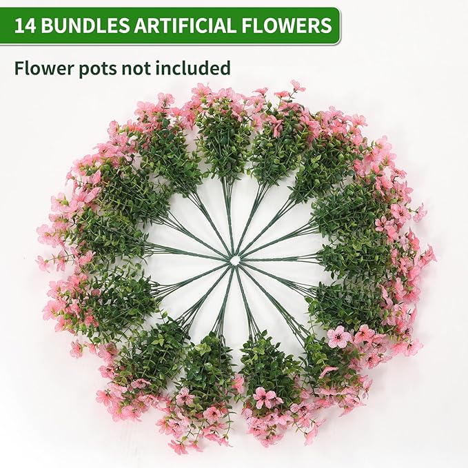 Artificial Flowers Outdoor, Faux Silk Flowers Plastic Plants for Outdoors Indoor Outside Front Porch Hanging Planter Window Box Garden Home Decoration, 14 Bundles(Pink)