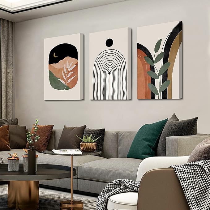 Boho Wall Art Set of 3, Mid Century Modern Canvas Wall Painting, Neutral Abstract Geometric Prints for Bedroom, Bathroom, Living Room, Office