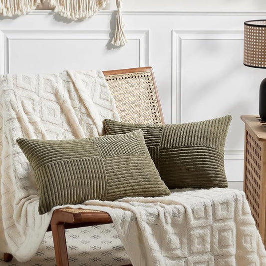 Fancy Homi 2 Packs Olive Green Lumbar Decorative Throw Pillow Covers 14x24 Inch for Couch Bed, Farmhouse Boho Home Decor, Soft Striped Corduroy Rectangle Accent Cushion Case 35x60 cm