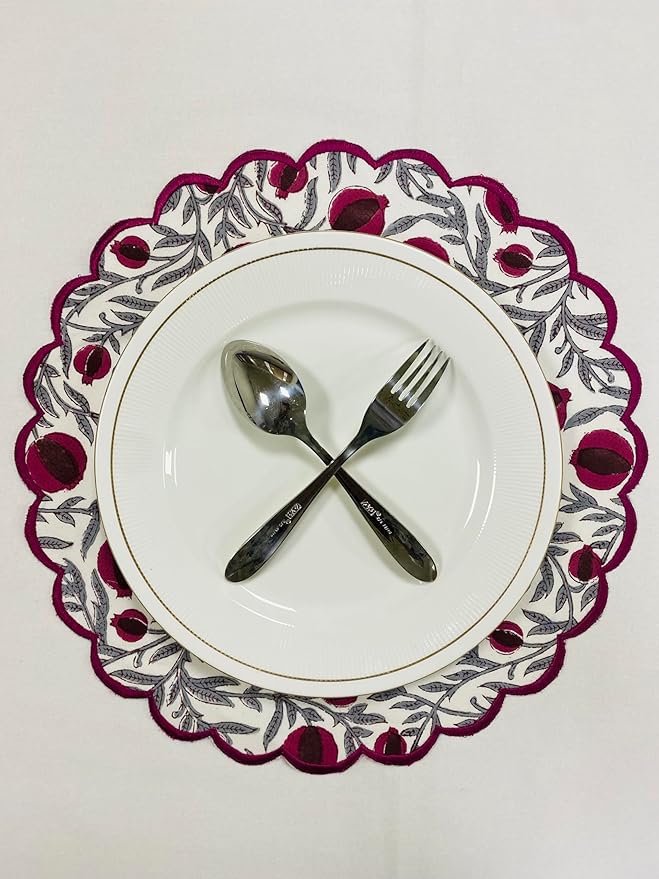 Ridhi Sangria Red Bo-ho Round Place Mat Double Layer Floral Cotton Washable Placemats 15" Round Embroidery Block Print Table Mat Pack of 4-15 Inch Round