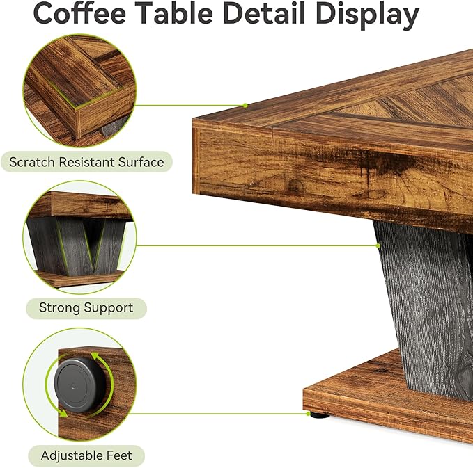 LITTLE TREE Square Coffee Table, Modern Rustic Coffee Table for Living Room, Wooden Table with Adjustable Feet, Brown