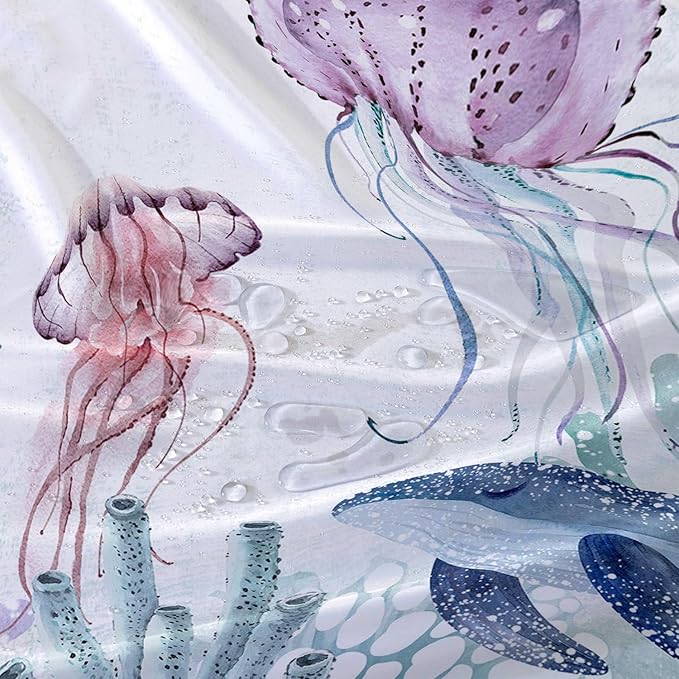 AILONEN Cartoon Jellyfish Shower Curtain for Bathroom Teal Blue Ocean Beach Coastal Bath Curtain Decor 72" W*72" H Polyester Fabric Waterproof Bathroom Curtain with 12 Hooks