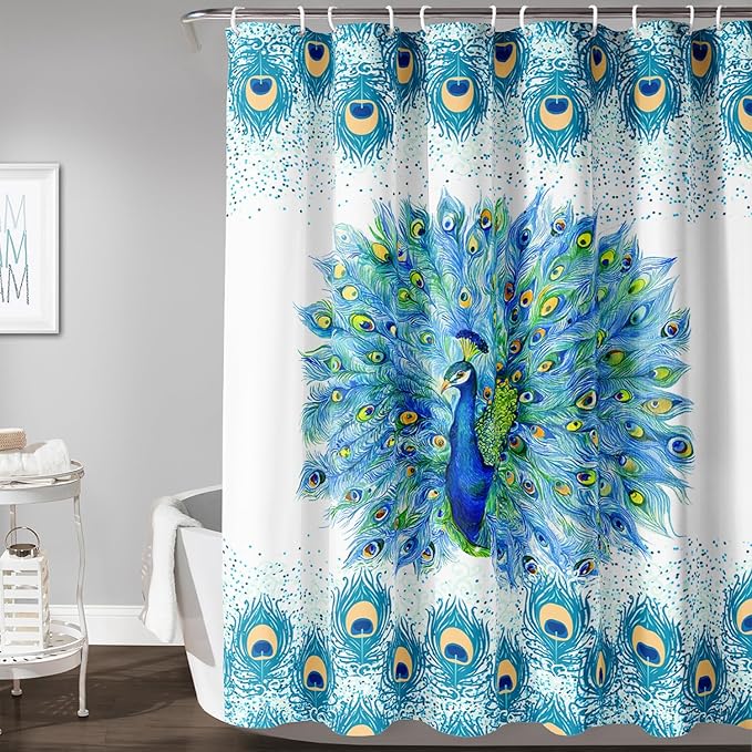 AILONEN Peacock Shower Curtain for Girls,Beautiful Green Peacock Bath Curtain for Kids Women,Peacock Feather Print Waterproof Shower Curtain for Bathroom Decor with 12 Plastic Hooks, 72" W*96" H