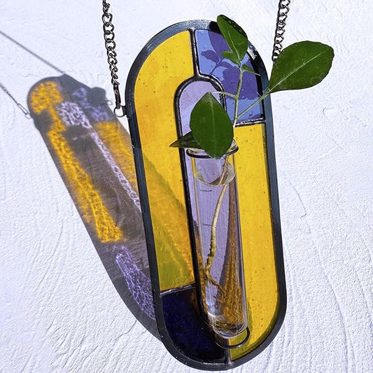 LITMIND Multi-Color Stained Glass Propagation Station - Handcrafted Translucent Suncatcher Planter with 2 Tubes, Hanging Hydroponic Décor for Windows & Garden