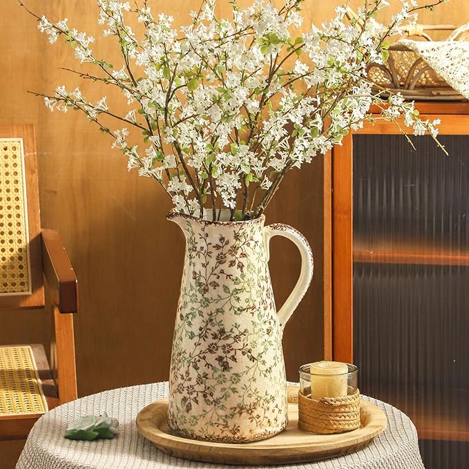 Enra Pitcher vase with Handle,12.2 in Ceramic Vintage Chinoiserie Floral Vase,Green and Beige Decorative Flower vase,Large Rustic Vases for Home Decors, Living Room, Bookshelf, Office