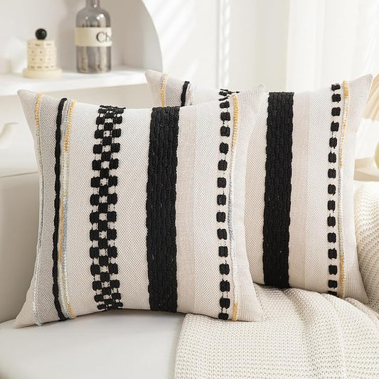 Boho Pillow Covers 18x18 Set of 2 for Couch-Modern Farmhouse Sofa Decorative Throw Pillow Covers Textured Chenille Cushion Covers Outdoor Netural Bohemian Pillow Cases Square