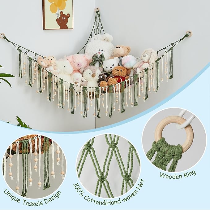 Pretty Jolly Stuffed Animal Storage Hammock with Wooden Beads Corner Hanging Net Boho Tassel for Toy Plush Holder for Kid Room Nursery Decor Wall Display Organizer for Girls Boy Gift(Avocado Green)
