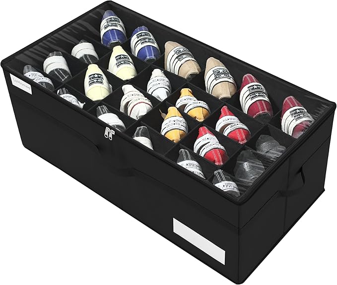 Shoe Storage Organizer, Fits 24 Pairs, Large Shoe Organizer Box for Closet, Clear Foldable Shoes Containers w/Bottom Support, Space Saving Shoe Cubby Storage Boxes w/Reinforced Handles, Black