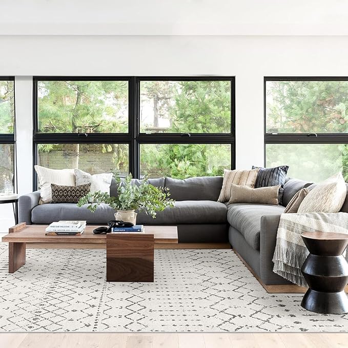 Extra Large Area Rug 10x14 Area Rugs for Living Room, Washable Rugs Moroccan Boho Farmhouse Rug with Non-Slip Backing, Soft Low Pile Floor Carpet Neutral Rug for Bedroom Dining Room, Off White/Grey