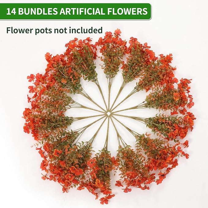 14 Bunch Outdoor Artificial Flowers with Plastic Plants Eucalyptus Faux Flowers, Outdoor Front Porch Hanging Planter Window Frame Garden Decor (Orange)