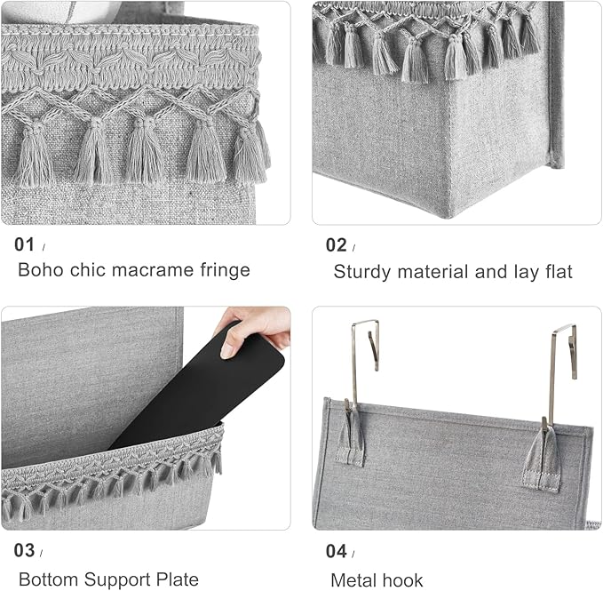 Dahey Over The Door Organizer Boho Nursery Storage Decor Closet Hanging Organizer with Tassels Decoration for Bedroom Nursery Bathroom Apartments Dorm Pantry, 4 Pockets, Grey