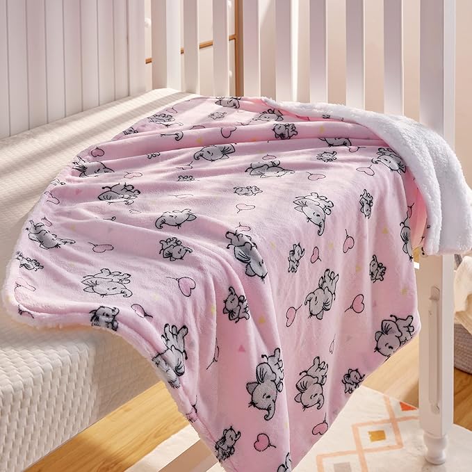 DaysU Plush Flannel Sherpa Baby Blanket for Girls Boys, Generous Reversible Soft Micro Fleece Toddler Bed Throw Blanket with Animal Print for Kids and Children, Elephant, 50"x60"
