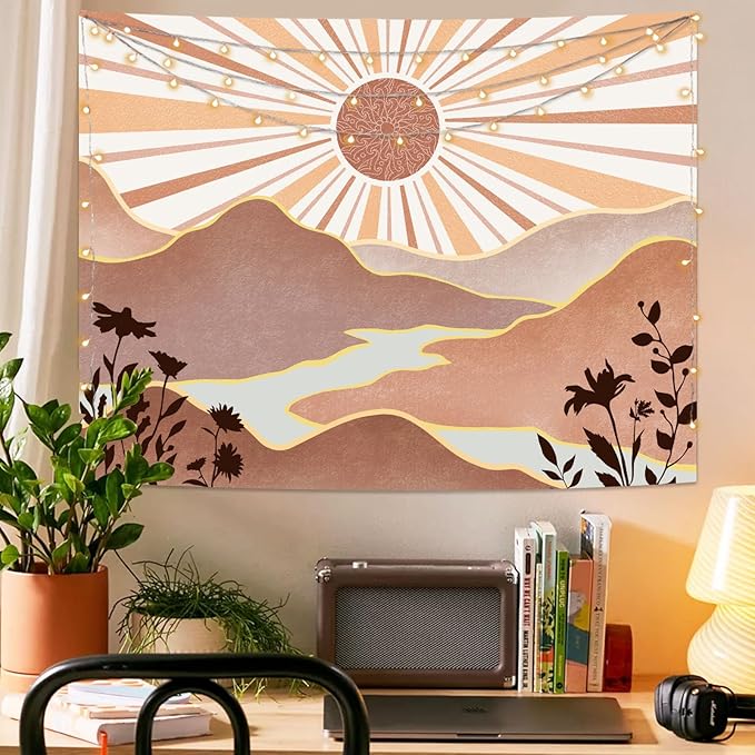 Lunerfex Boho Sun Tapestry Sunset Wall Tapestry, Mountain Tapestries for Bedroom 80s Tapestries Wall Hanging for Bedroom Living Room Wall Decor Boho-1 44"x60"